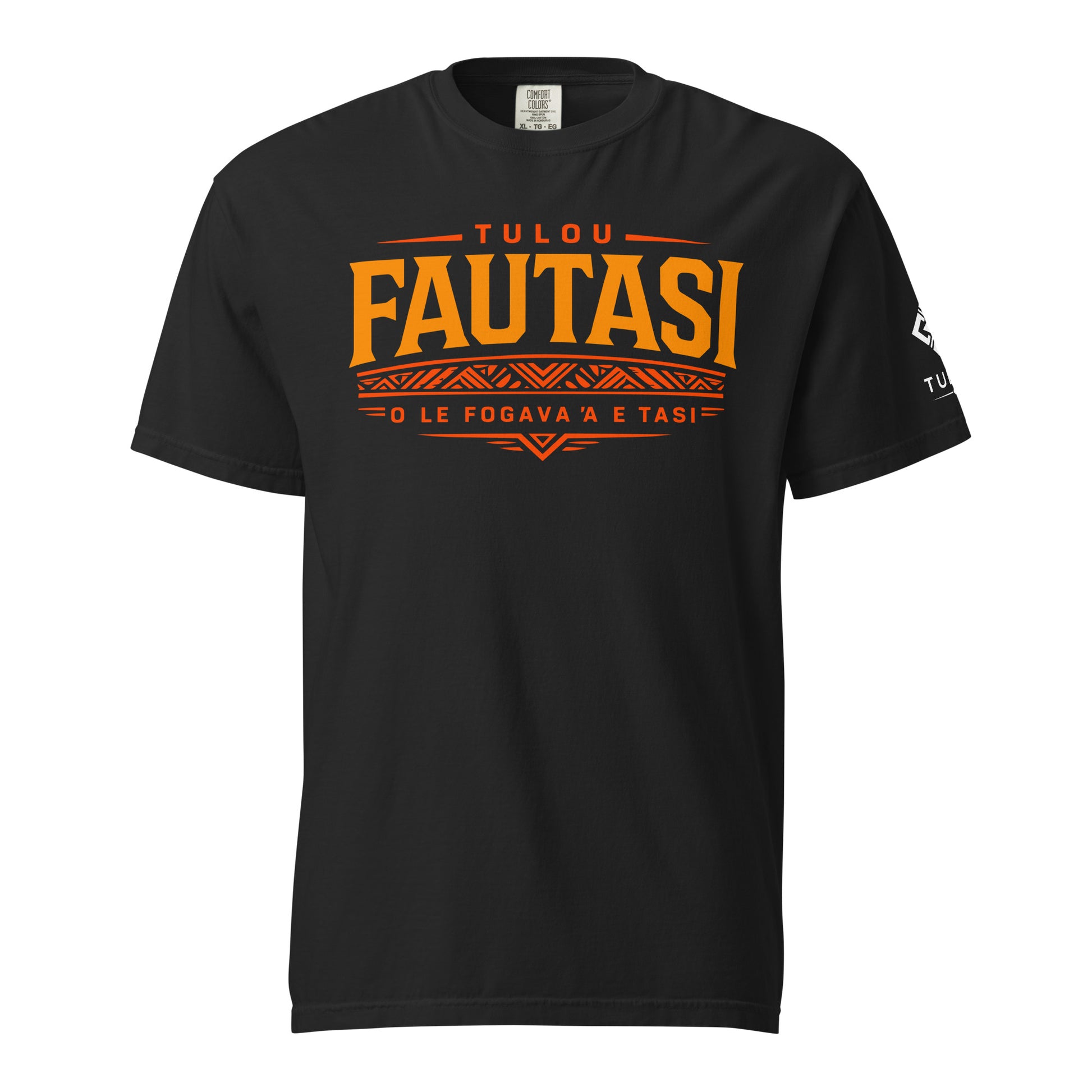Black t-shirt with orange Fautasi text on a white background