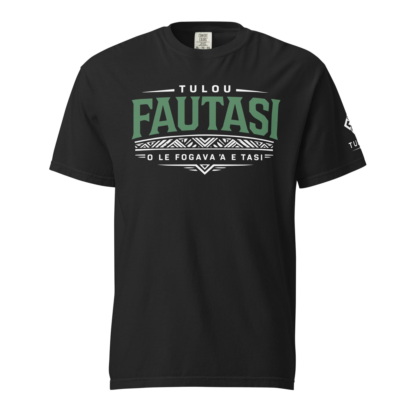 Black t-shirt with 'Fautasi' text on a white background