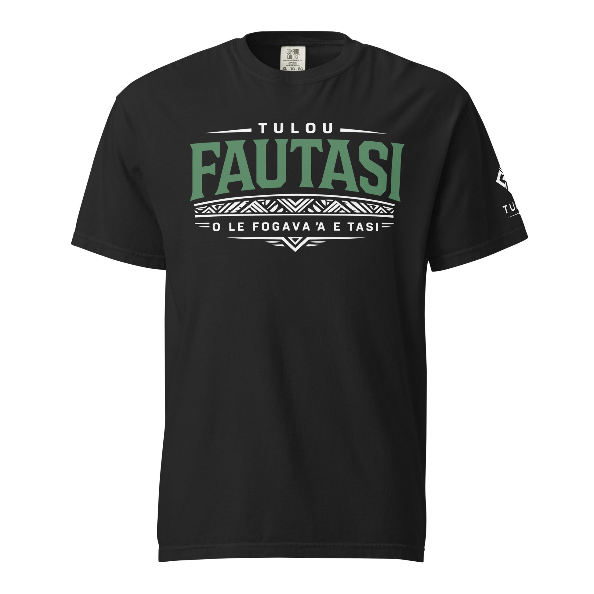 Black t-shirt with 'Fautasi' text on a white background