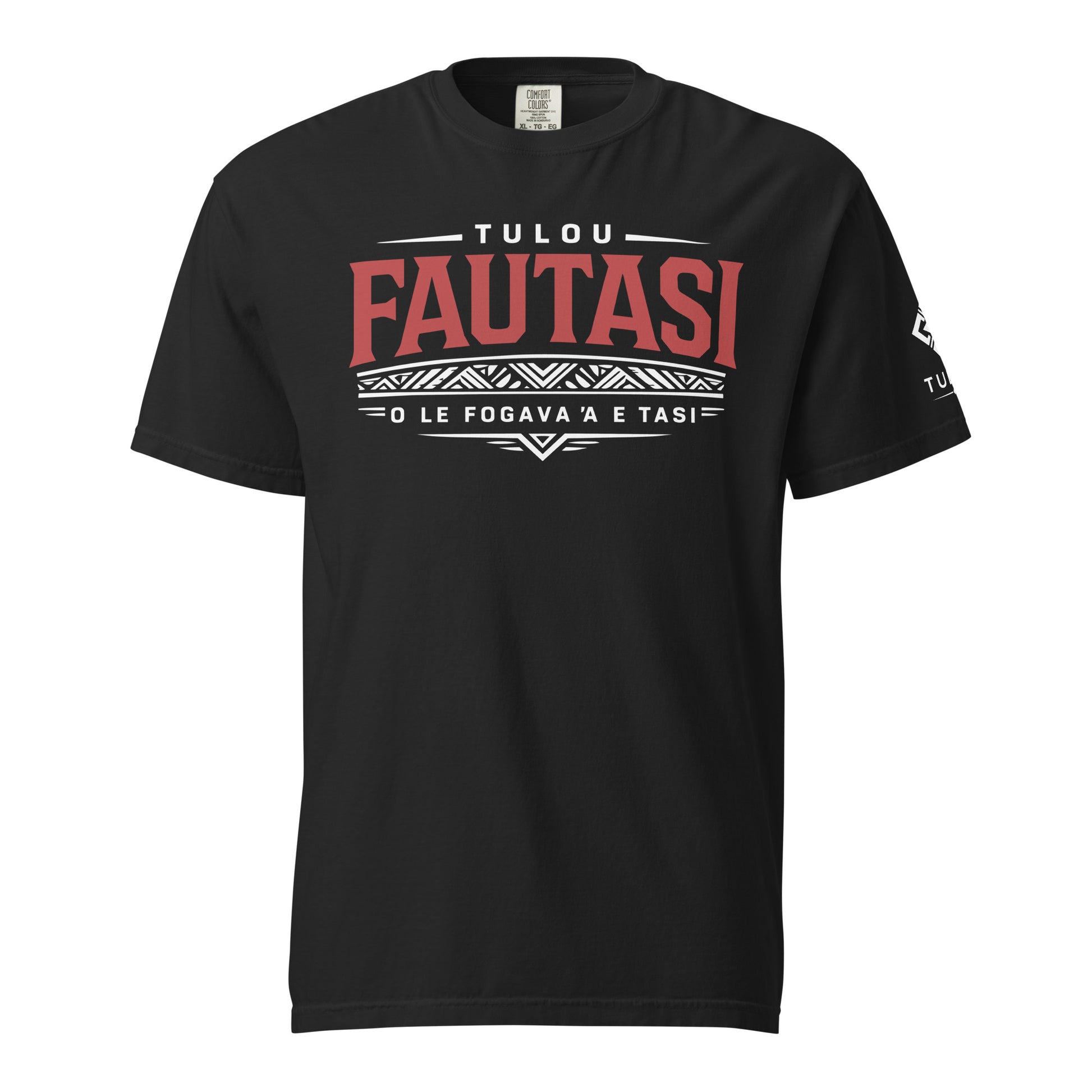 Black tulou shirt with fautasi graphic on a white background