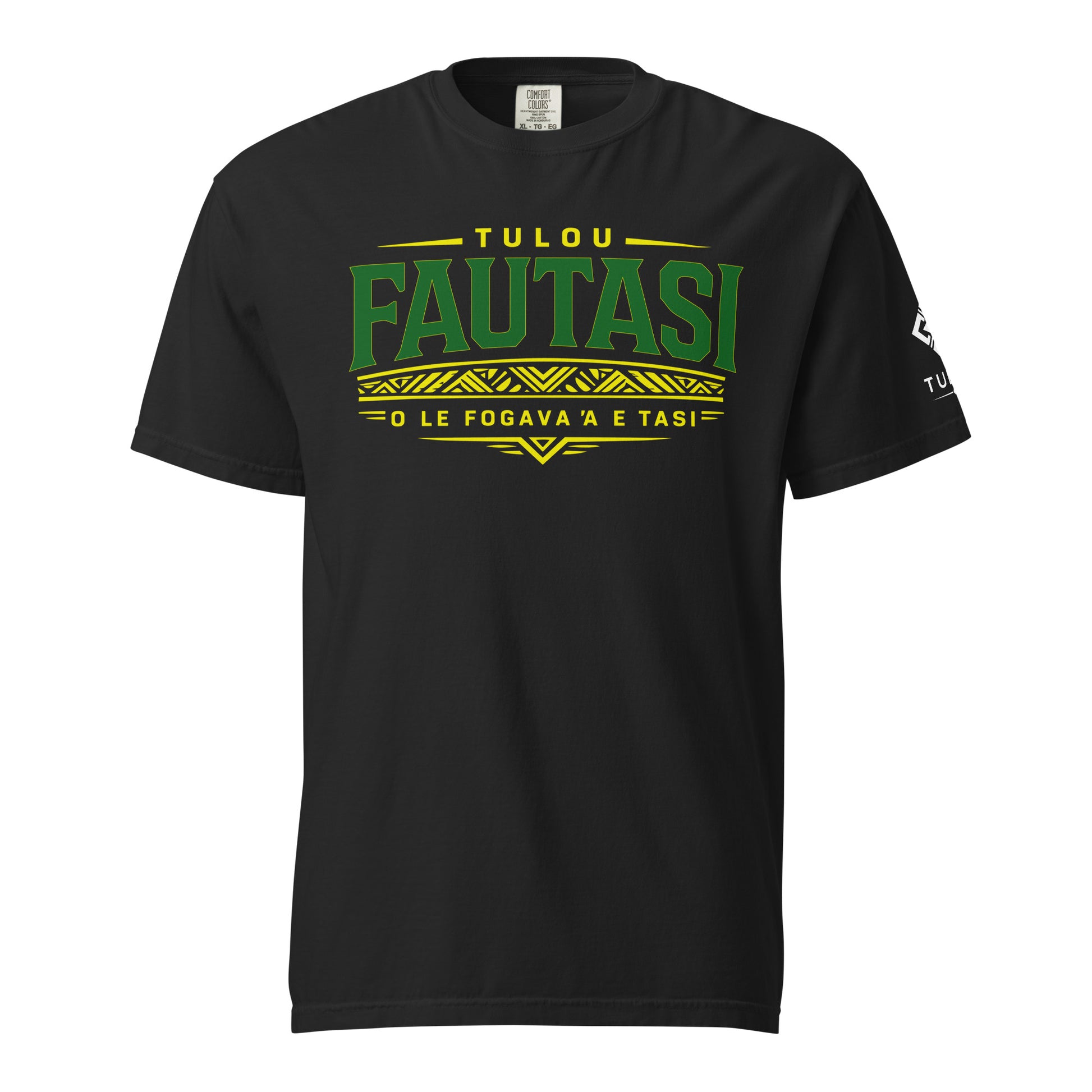 Black t-shirt with green and yellow text on a white background