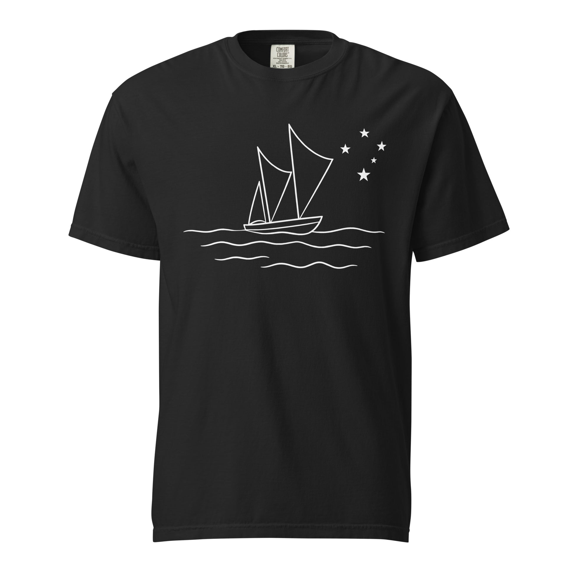 Black t-shirt with Polynesian boat graphic design on a white background