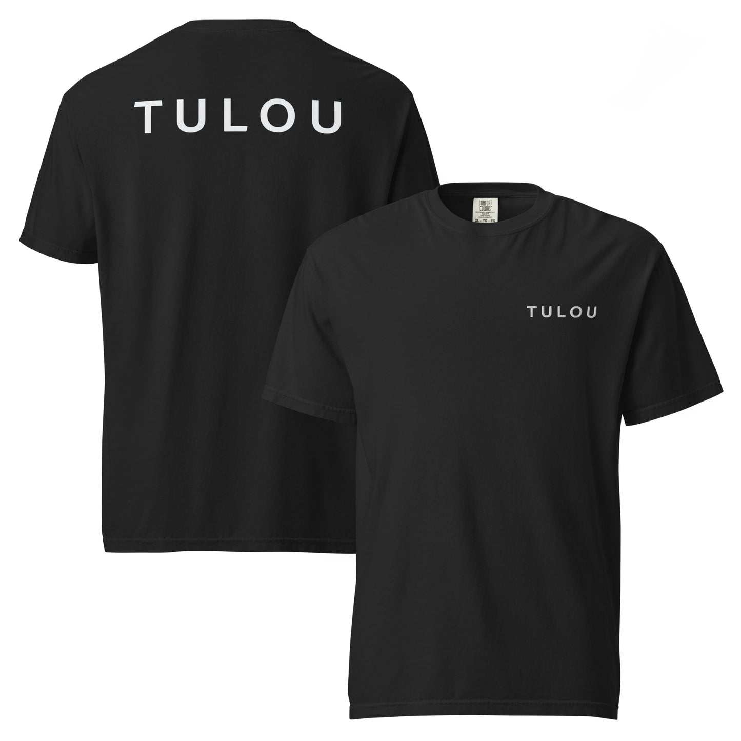Black t-shirt with Tulou text logo on the front and back, displayed on a white background.
