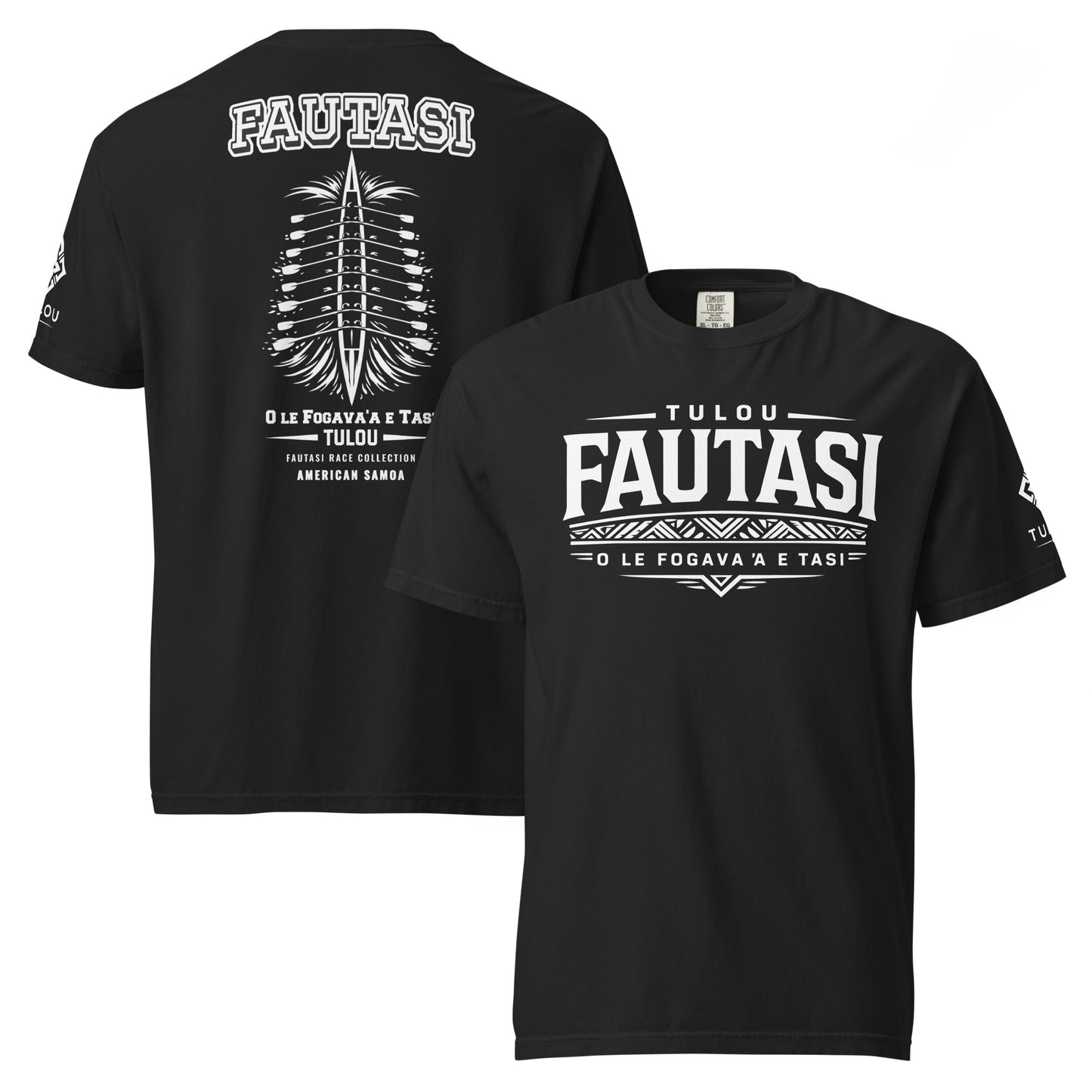Black Fautasi t-shirt with white Fautasi text and graphics on a white background