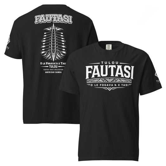 Black Fautasi t-shirt with white Fautasi text and graphics on a white background