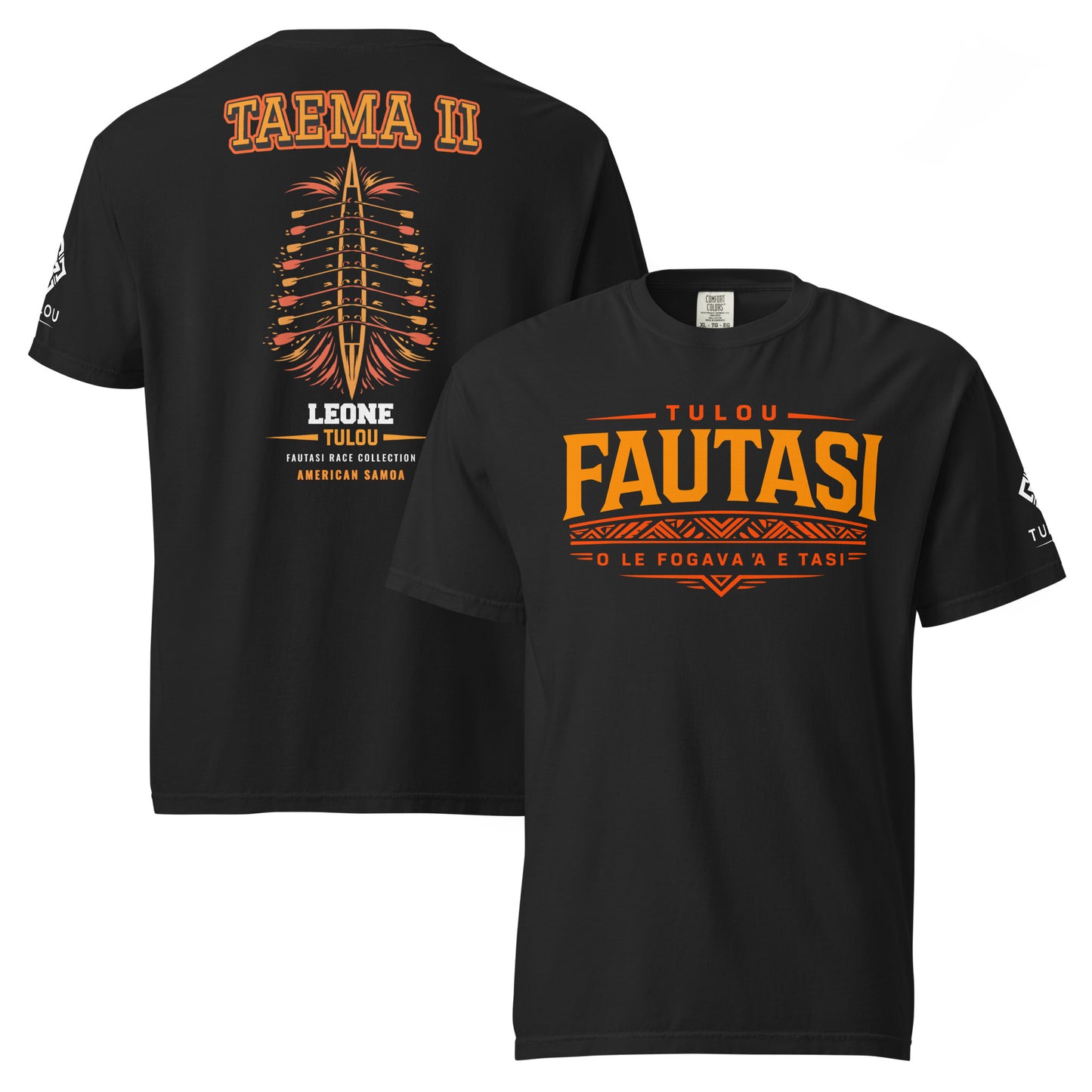 Black t-shirt with Taema orange and white text and graphics on a white background