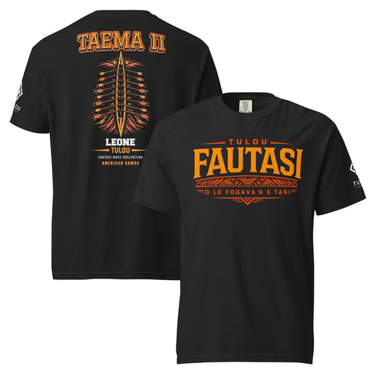 Black t-shirt with Taema orange and white text and graphics on a white background