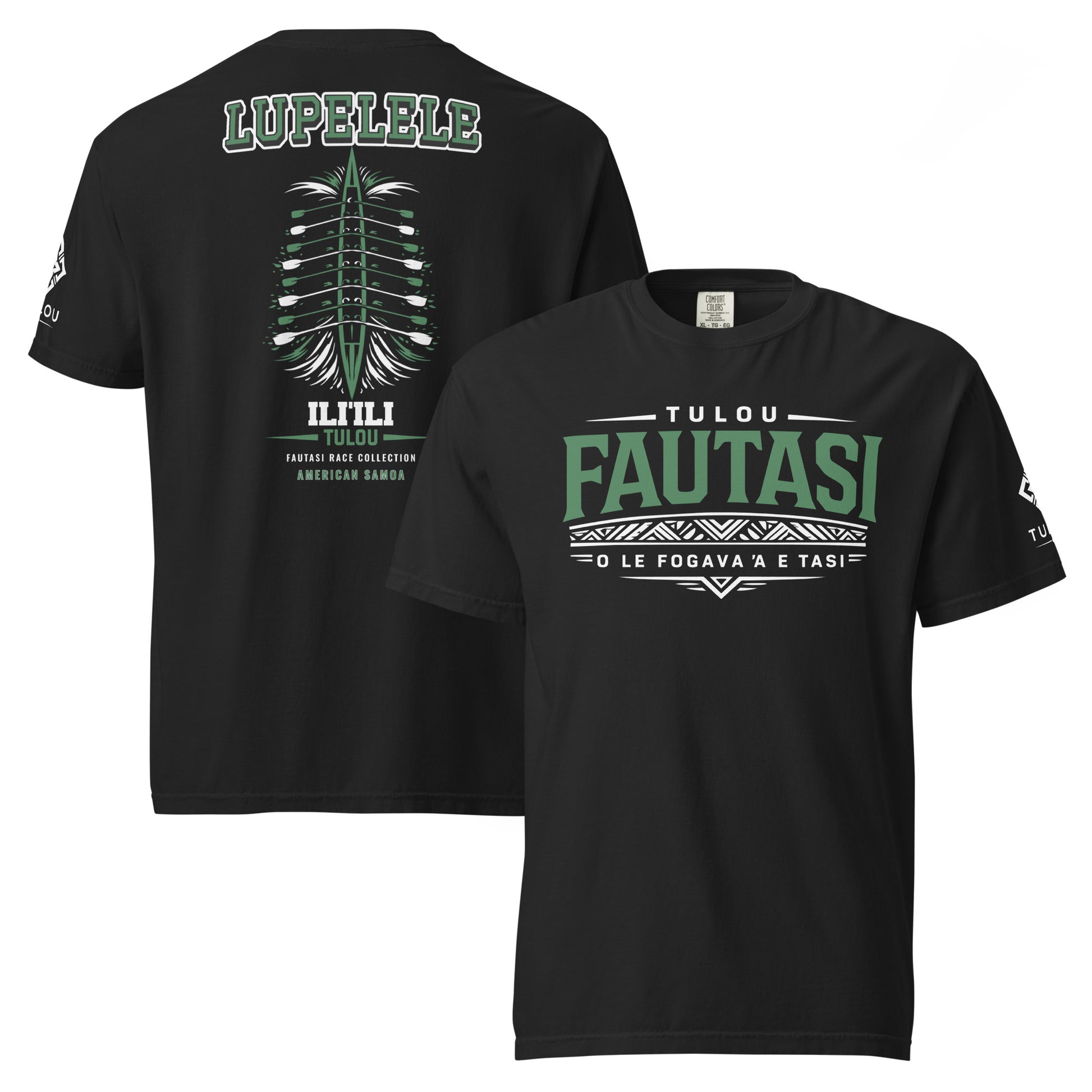 Black t-shirt with green and white text and graphics on a white background
