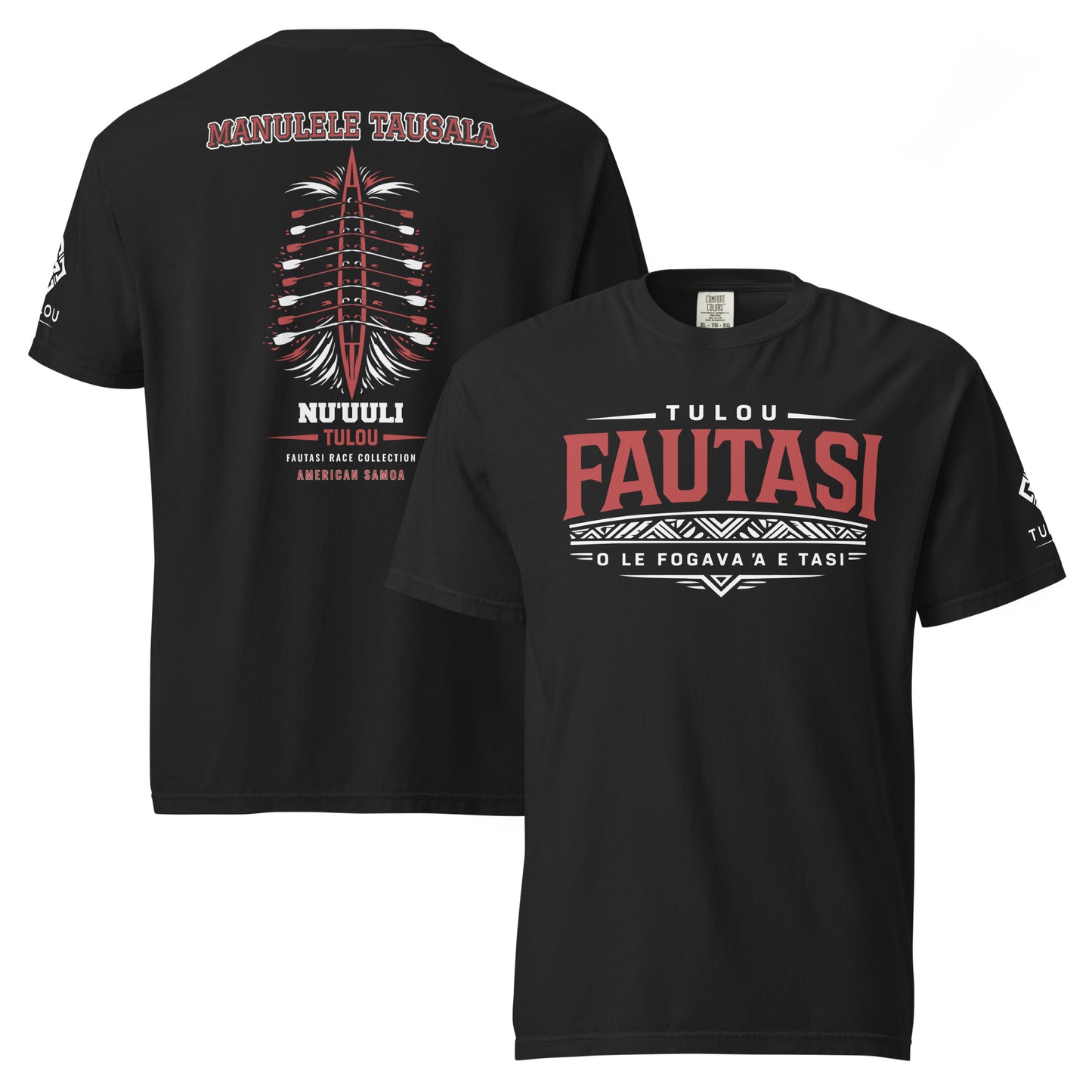 Black Fautasi t-shirt with red and white text and graphics on a white background
