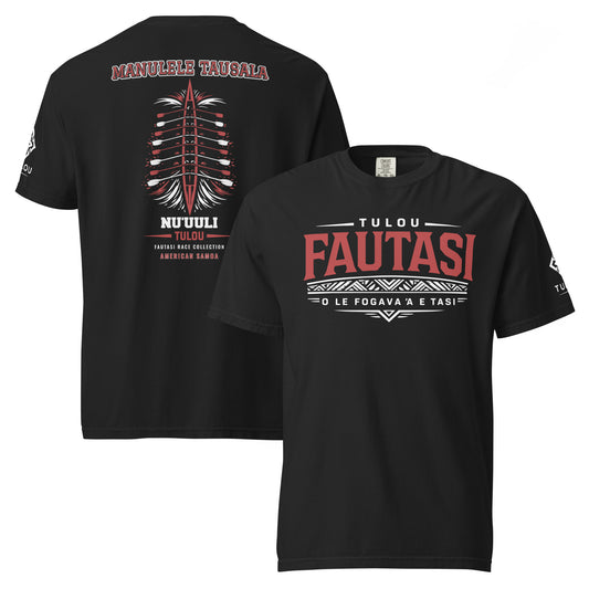 Black Fautasi t-shirt with red and white text and graphics on a white background