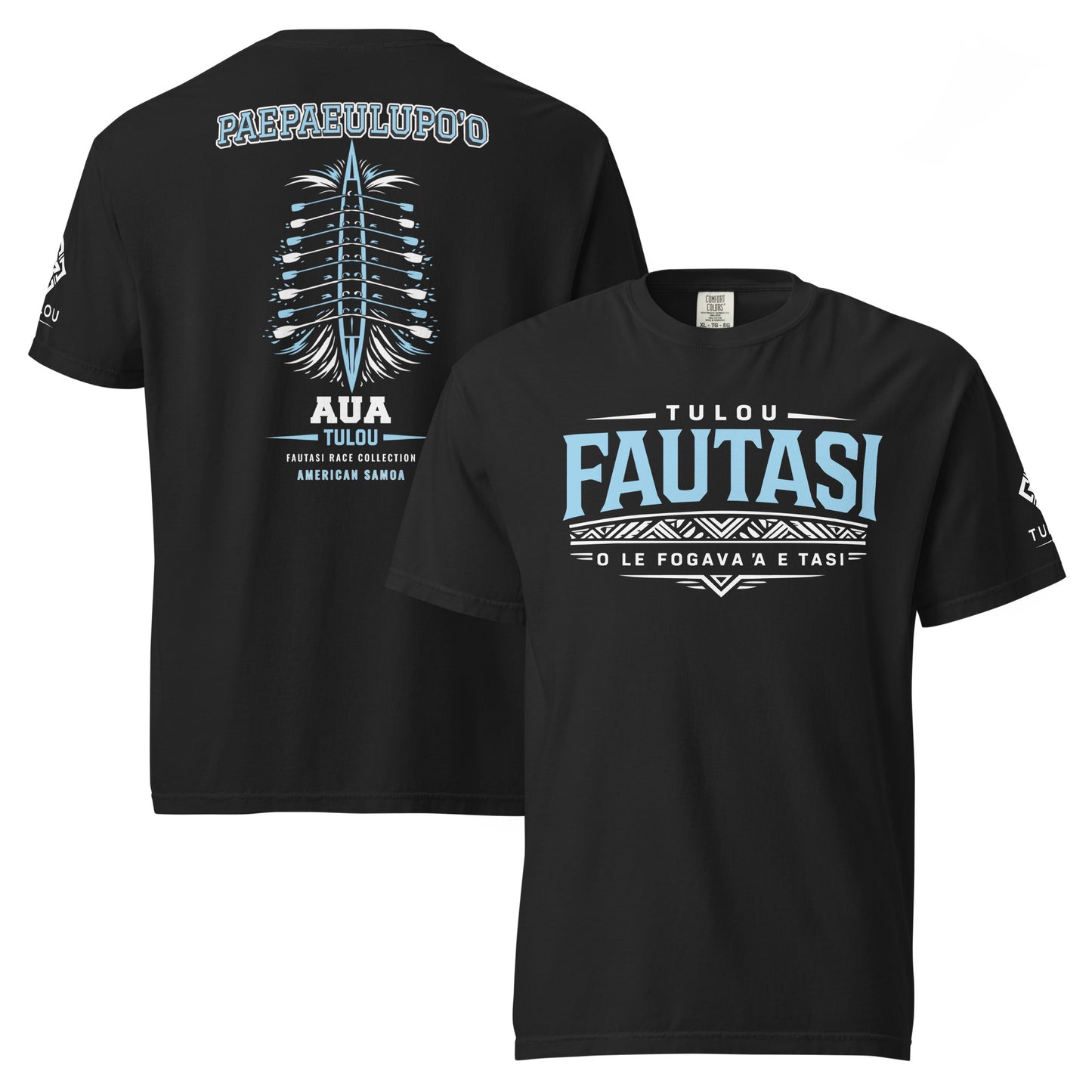Black tulou shirt with Fautasi graphic in front and Paepaeulupo'o text and graphic in the back again a white background