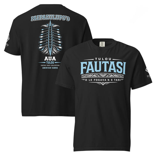 Black tulou shirt with Fautasi graphic in front and Paepaeulupo'o text and graphic in the back again a white background