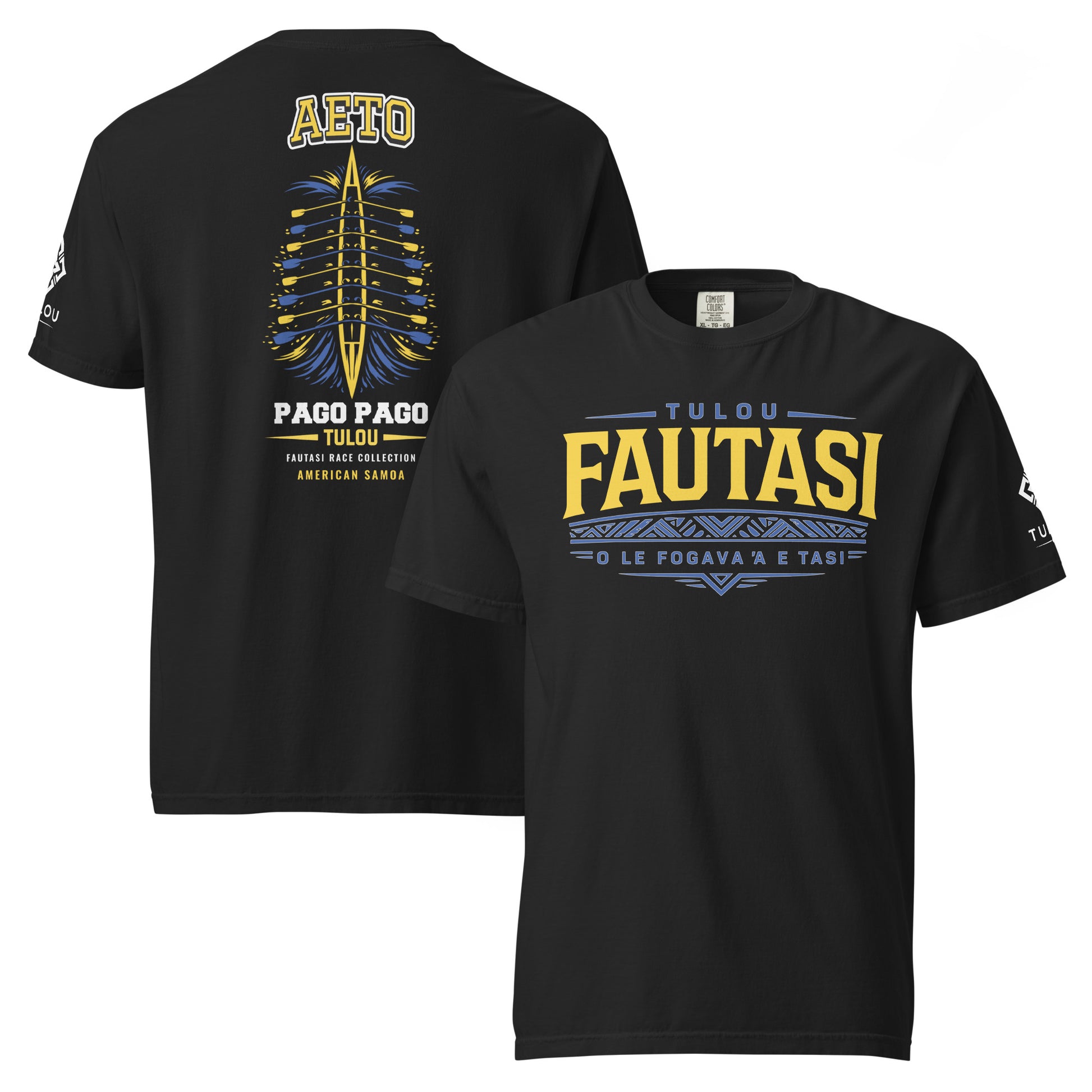 Black Aeto Fautasi shirt showing back and front designs against a white background