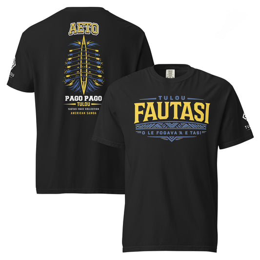 Black Aeto Fautasi shirt showing back and front designs against a white background