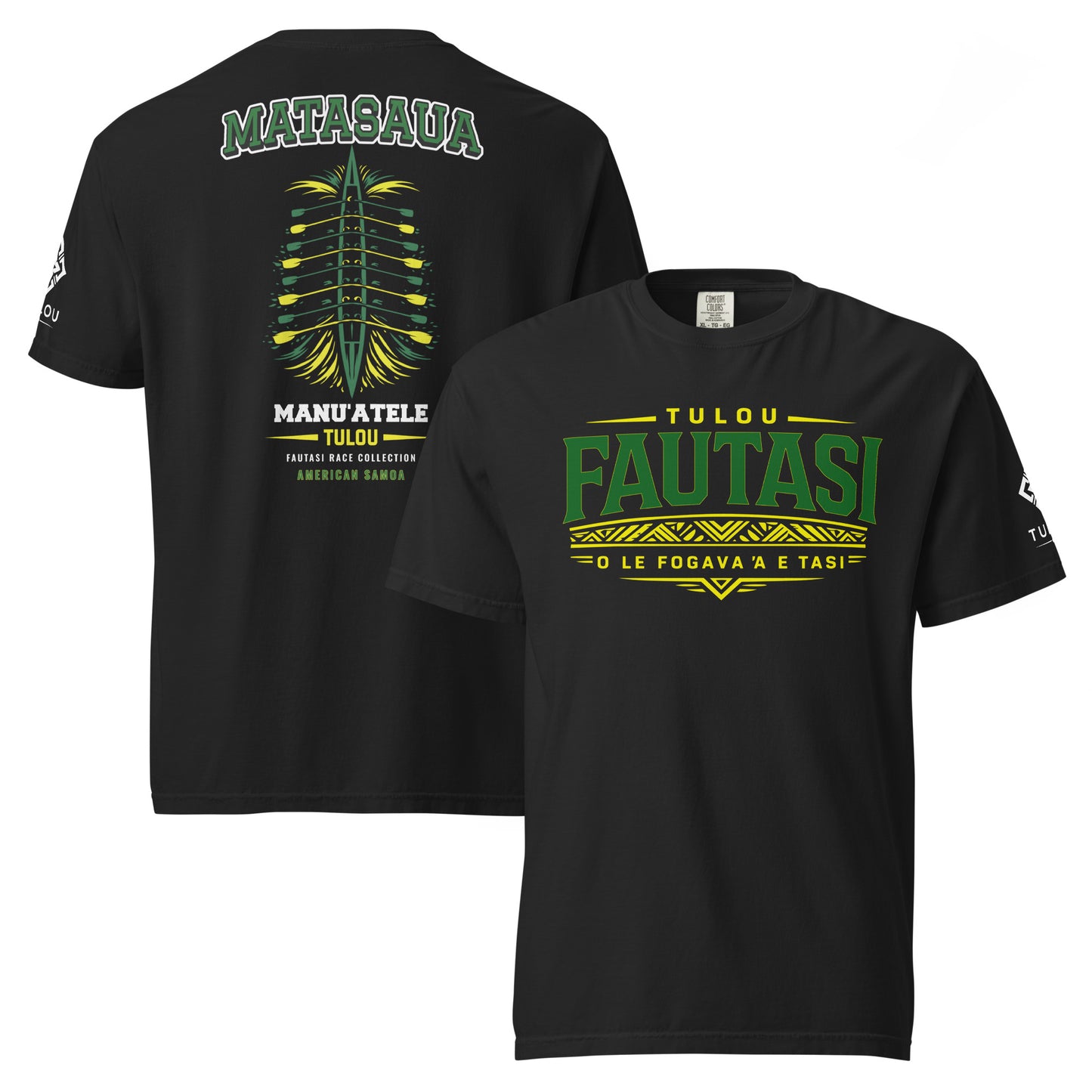 Black Matasaua Fautasi shirt showing back and front designs against a white background