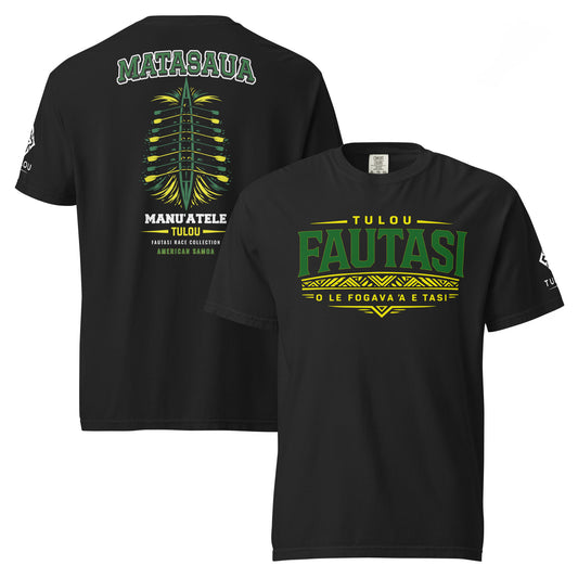 Black Matasaua Fautasi shirt showing back and front designs against a white background