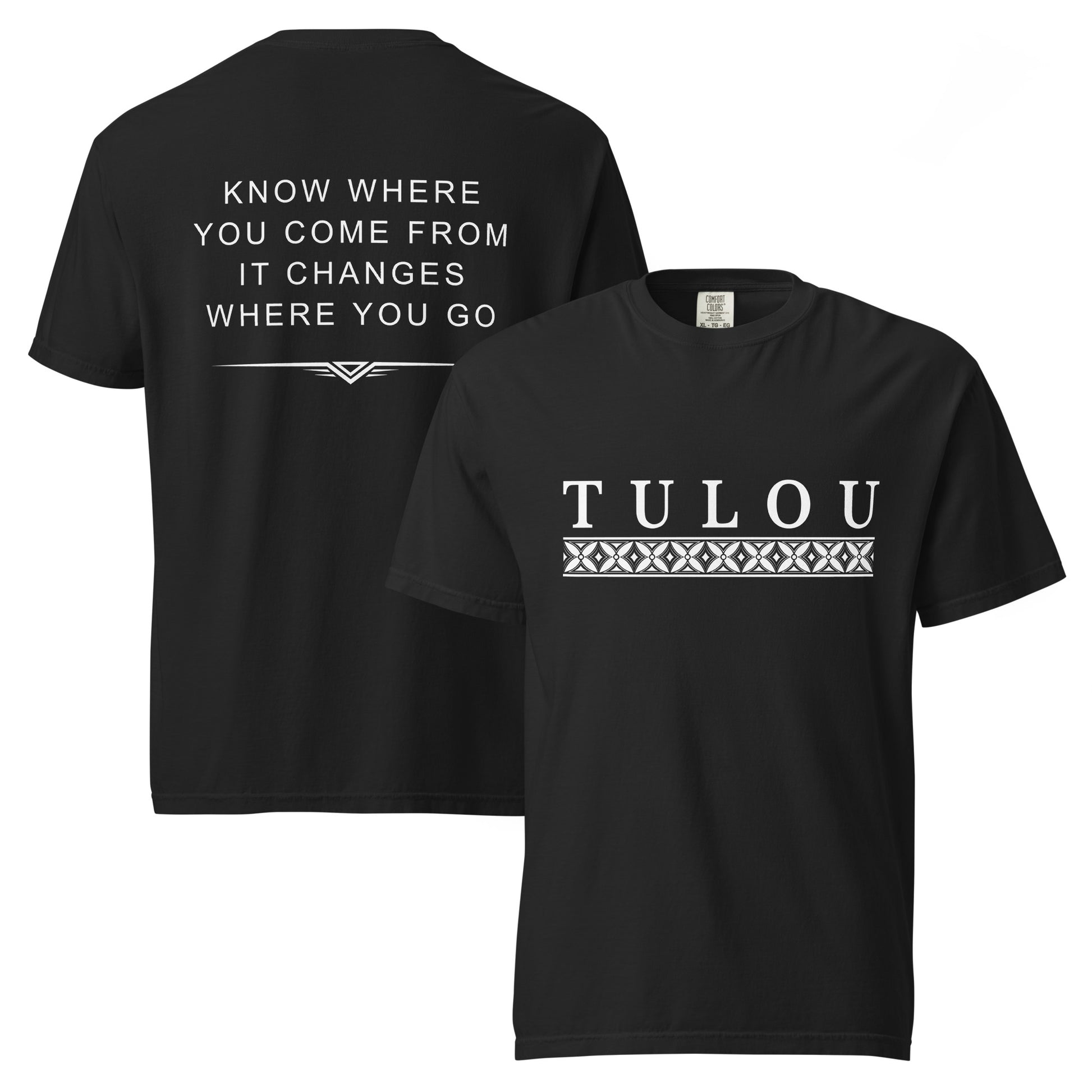 Two Black Shirts showing designs on the front and back against a white background. The front shirt shows Tulou logo and a Samoan design band below. The shirt showing the back says "Know where you come from it changes where you go"