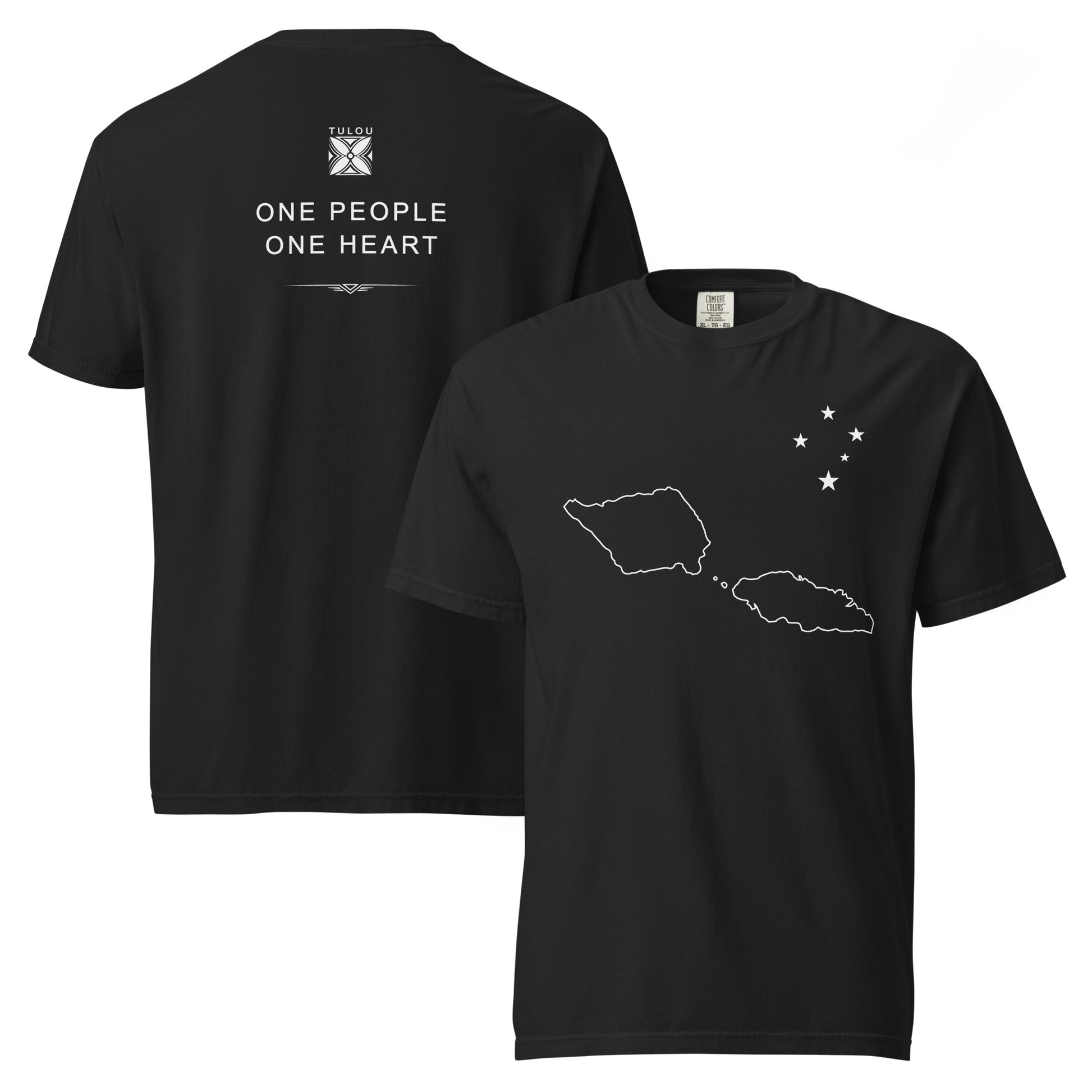 two black color shirts one showing the back graphic with logo and text "One People, One Heart" and front shirt showing a graphic of Samoa both against shirts are against a white background.