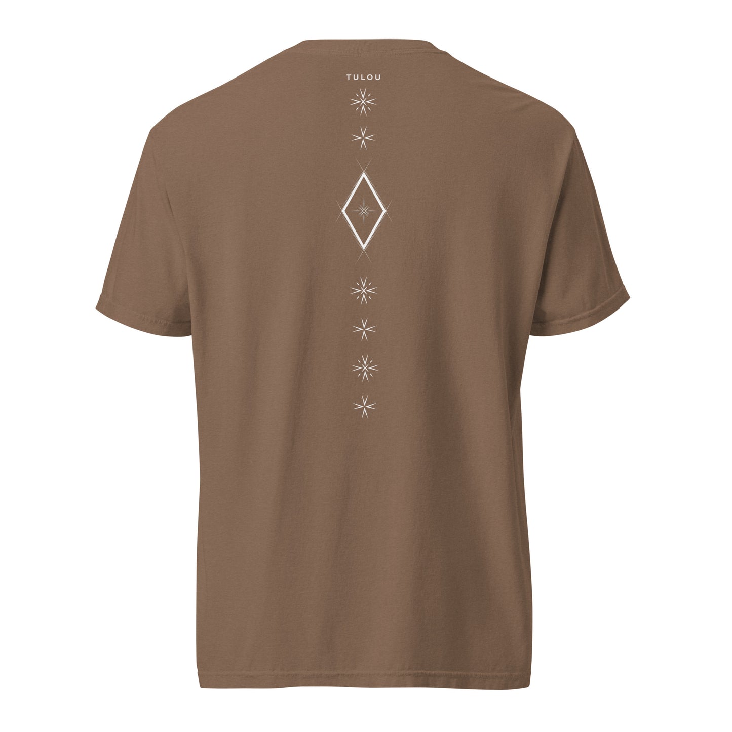 Brown t-shirt with a Malu design on the back against a white background