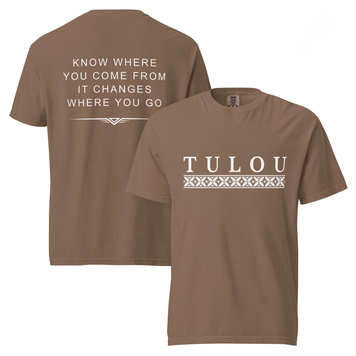 Two Brown Shirts showing designs on the front and back against a white background. The front shirt shows Tulou logo and a Samoan design band below. The shirt showing the back says "Know where you come from it changes where you go"