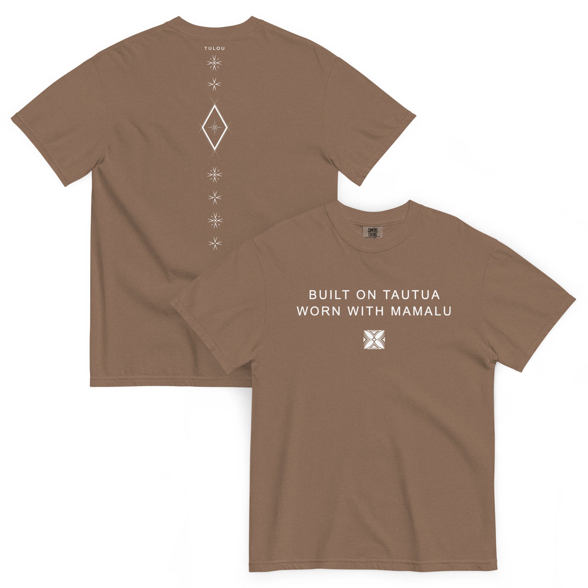 Two brown t-shirts showing back and front. Back shows Samoan Malu graphic and front shirt shows text 'BUILT ON TAUTUA WORN WITH MAMALU. Both shirts are against a white background. 