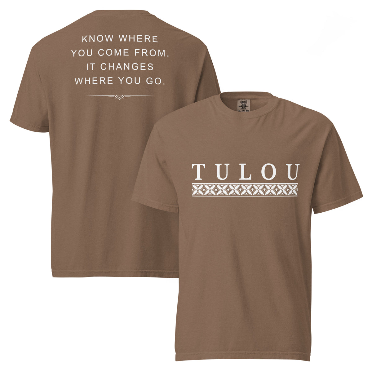 Two espresso colored shirts showing back and front against a white background. The front shirt has the word 'Tulou' and a Samoan graphic below it. The back shirt shows the text "KNOW WHERE YOU COME FROM. IT CHANGES WERE YOU GO.'