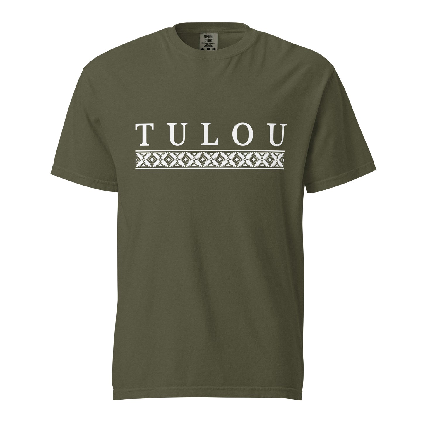 Sage green shirt against a white background with a Tulou logo and Samoan design pattern band below it.
