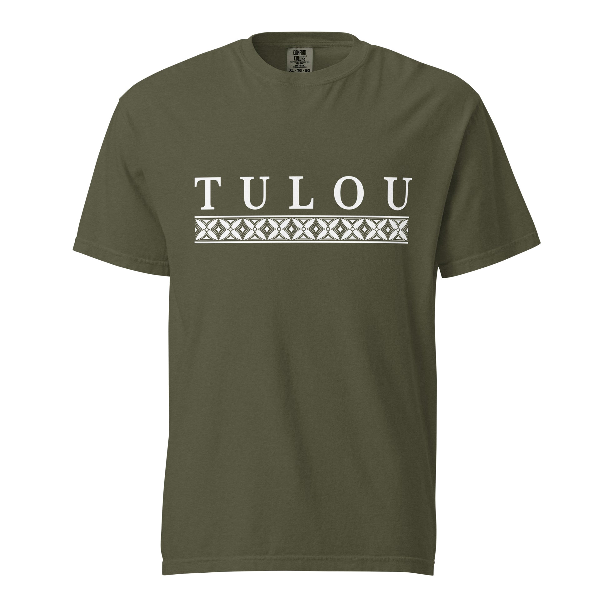 Sage green shirt against a white background with a Tulou logo and Samoan design pattern band below it.