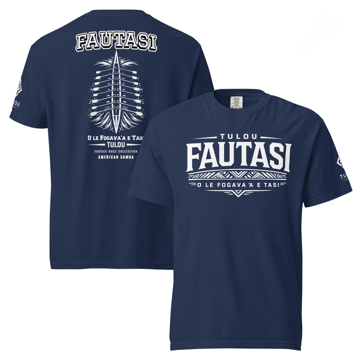 Navy blue t-shirt with white text and graphics on a white background