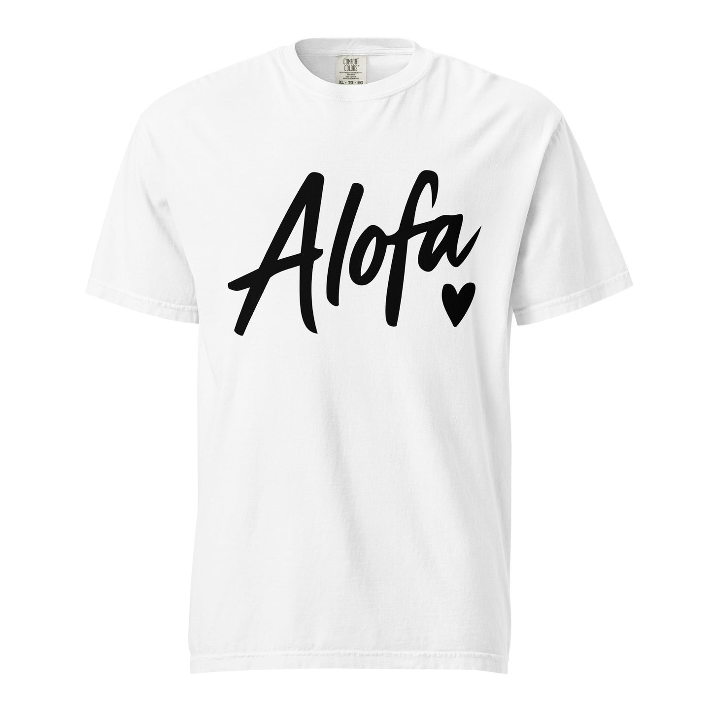 A white short-sleeve crewneck t-shirt featuring the word 'Alofa' printed in a black cursive script across the chest, with a small black heart at the end of the word.