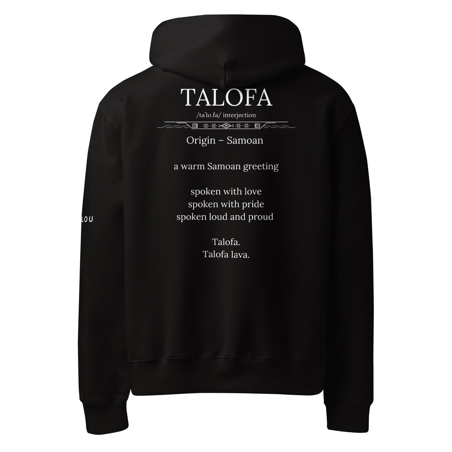 Black hoodie shown from the back with Talofa word and definition on a white background
