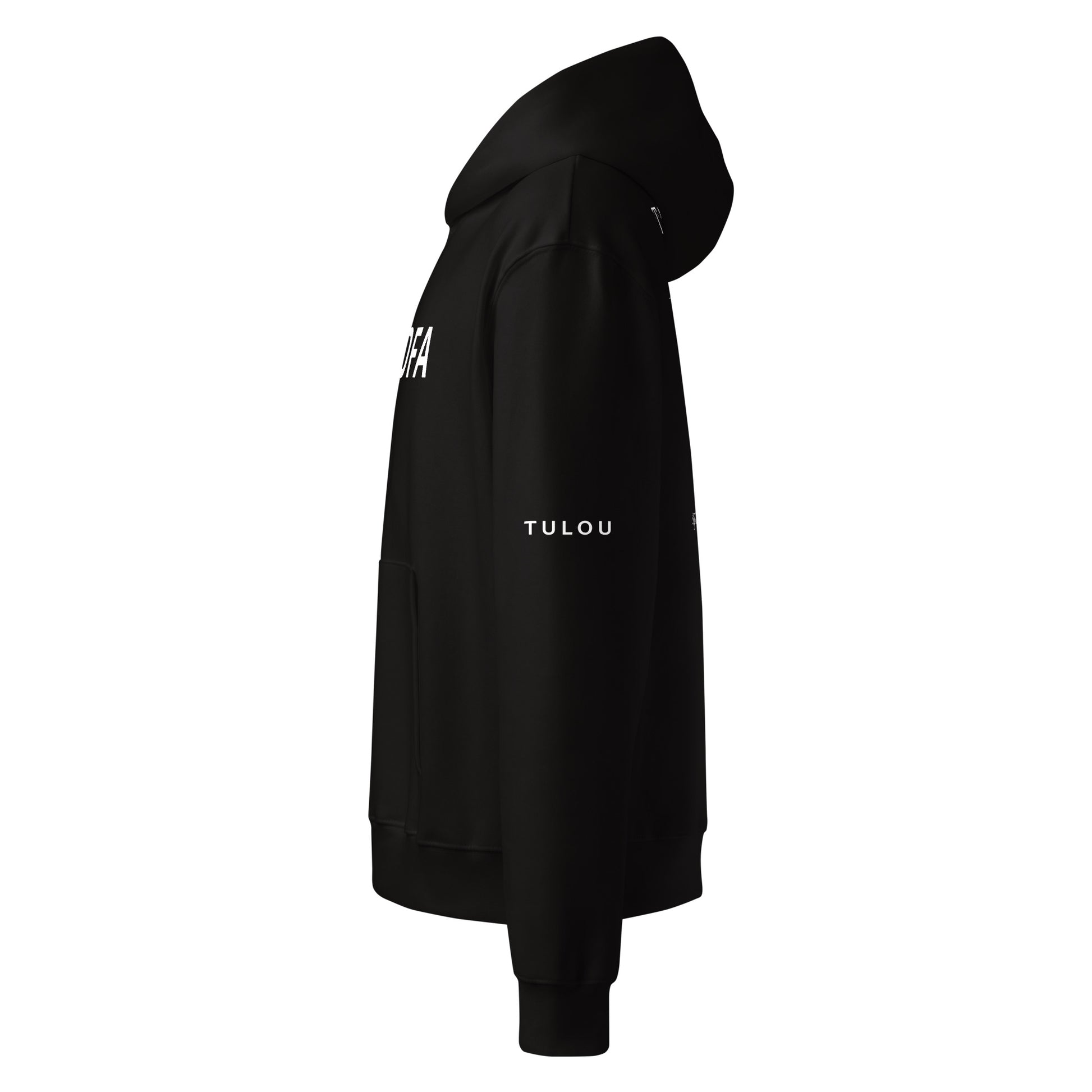 Black hoodie with 'TULOU' branding on a white background
