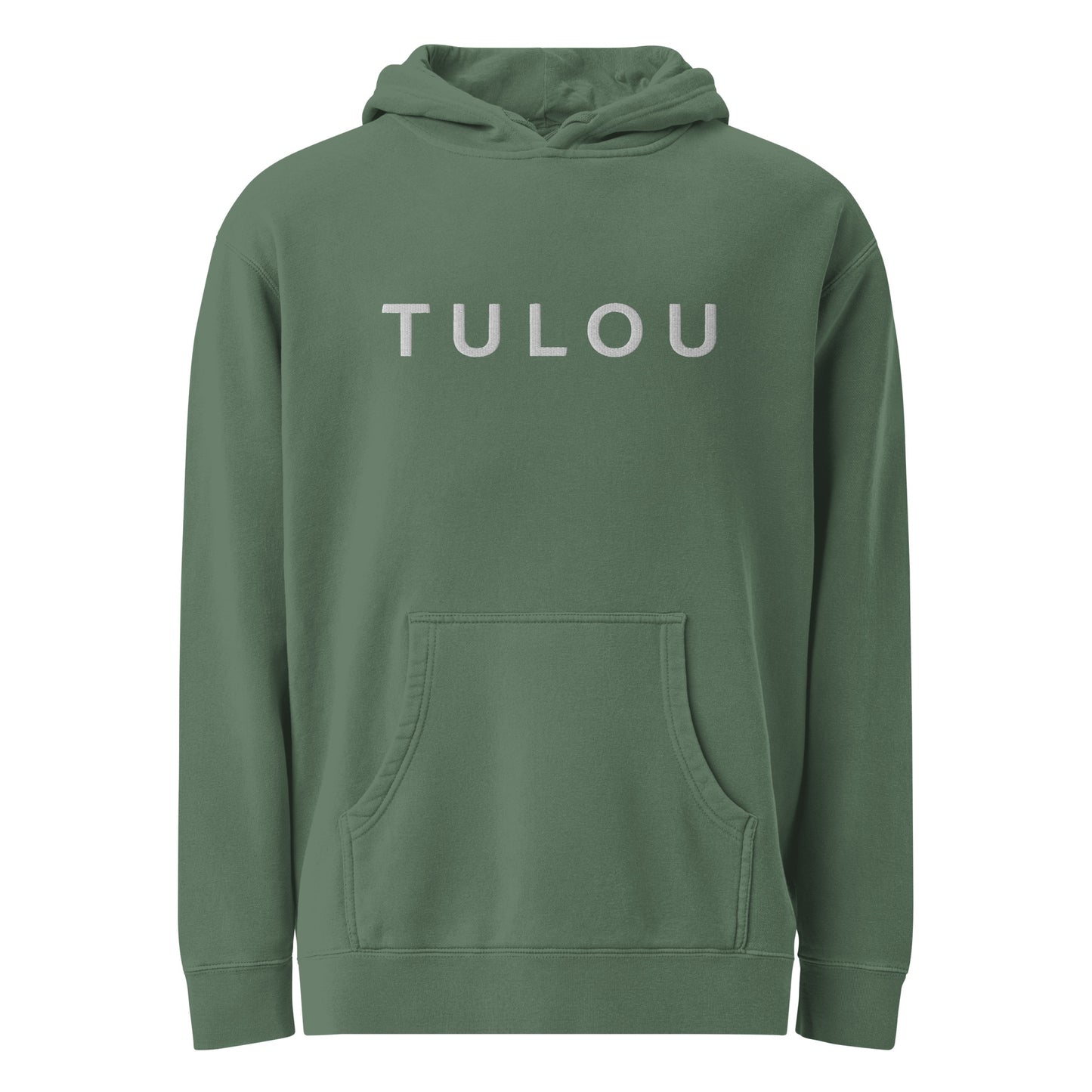 Green hoodie with 'TULOU' text on a white background