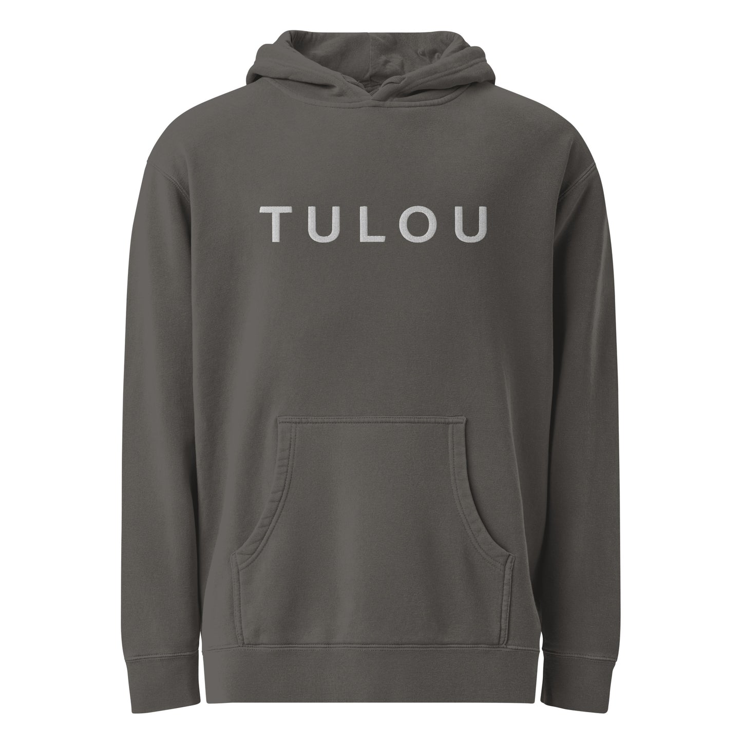Grey hoodie with 'TULOU' text on a white background