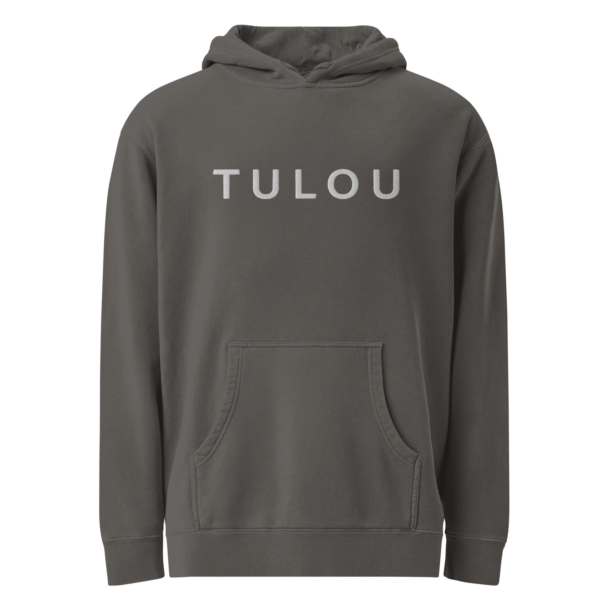 Grey hoodie with 'TULOU' text on a white background