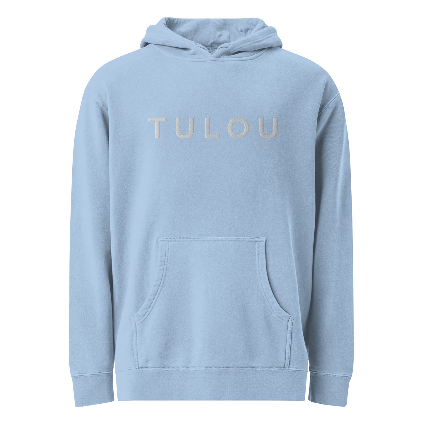 Light blue hoodie with a brand logo on a white background