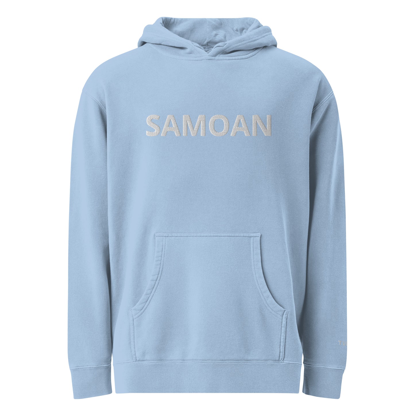 A light blue pullover hoodie with the word 'SAMOAN' printed in white capital letters across the chest, displayed on a clean white background.