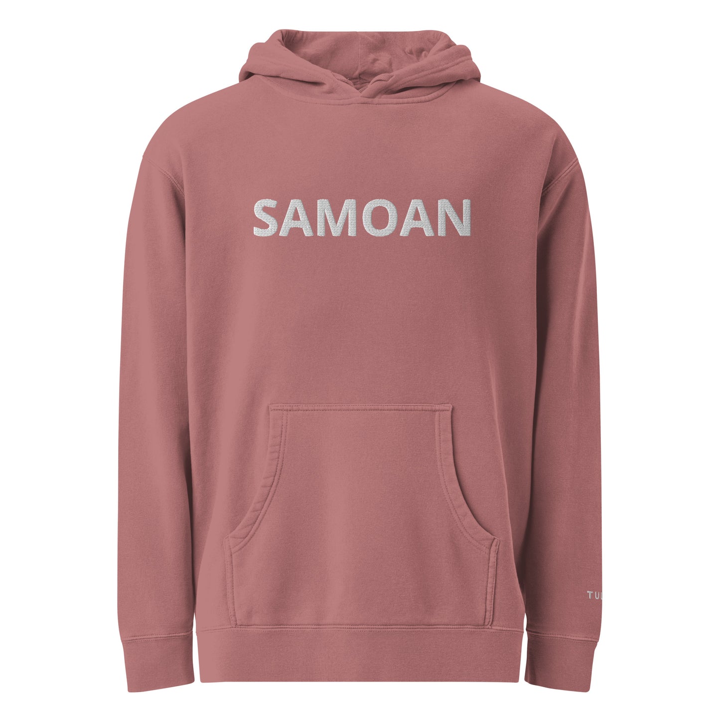 A maroon pullover hoodie with the word 'SAMOAN' printed in white capital letters across the chest, displayed on a clean white background.