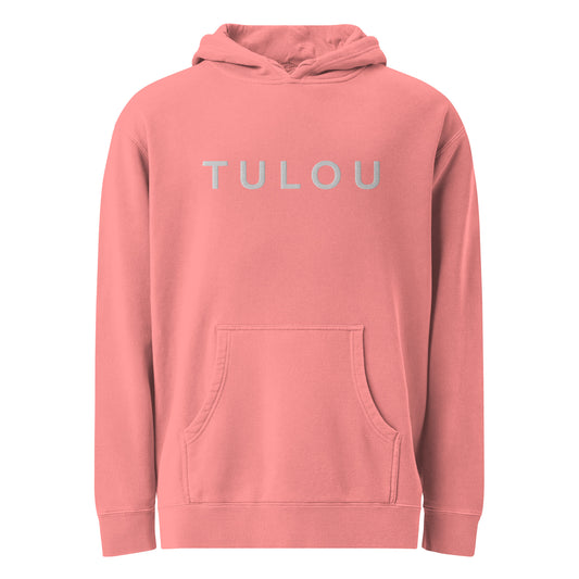 Pink hoodie with 'TULOU' text on a white background