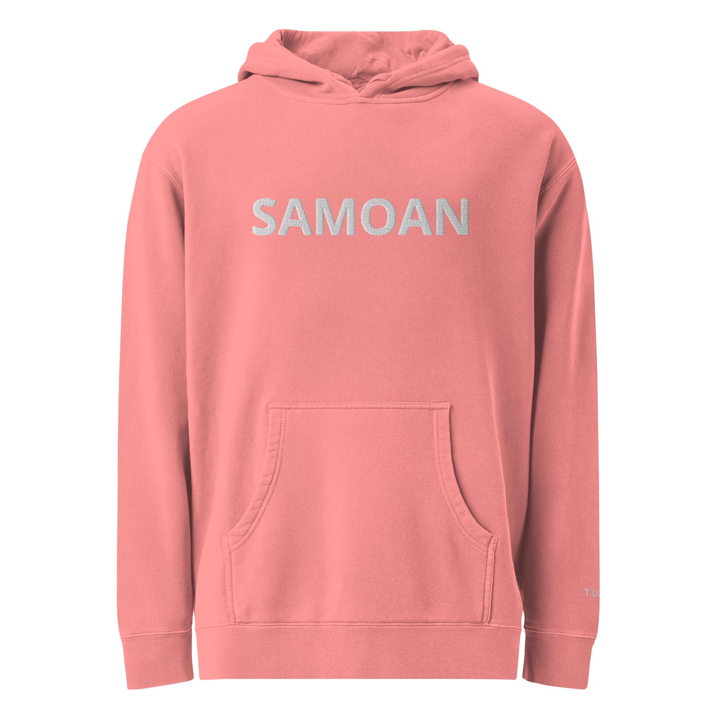 A pink pullover hoodie with the word 'SAMOAN' printed in white capital letters across the chest, displayed on a clean white background.