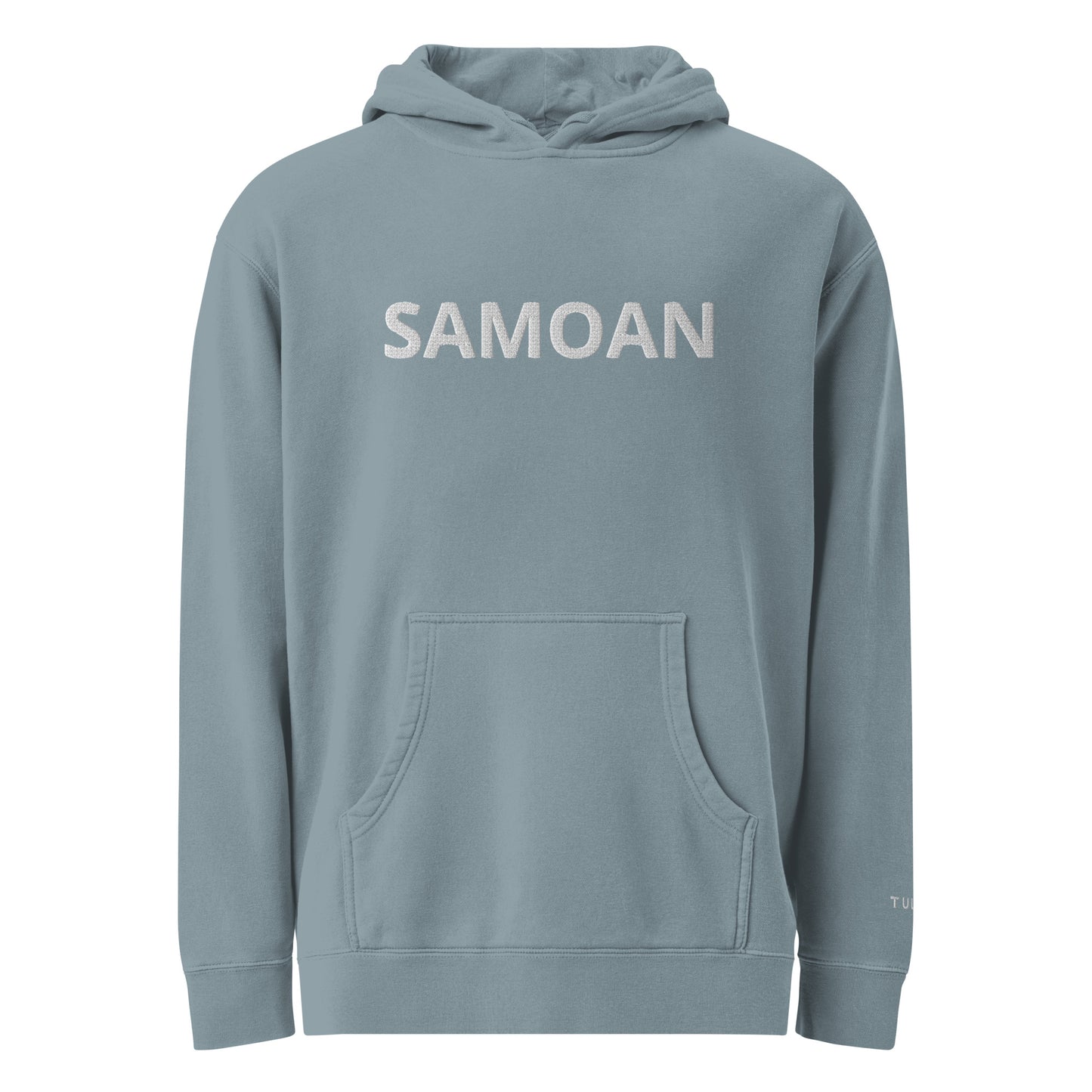 A blue pullover hoodie with the word 'SAMOAN' printed in white capital letters across the chest, displayed on a clean white background.