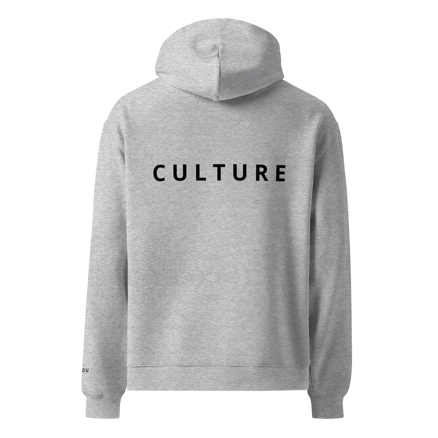 A heather gray hoodie shown from the back, featuring the word 'CULTURE' printed in black capital letters across the upper back.