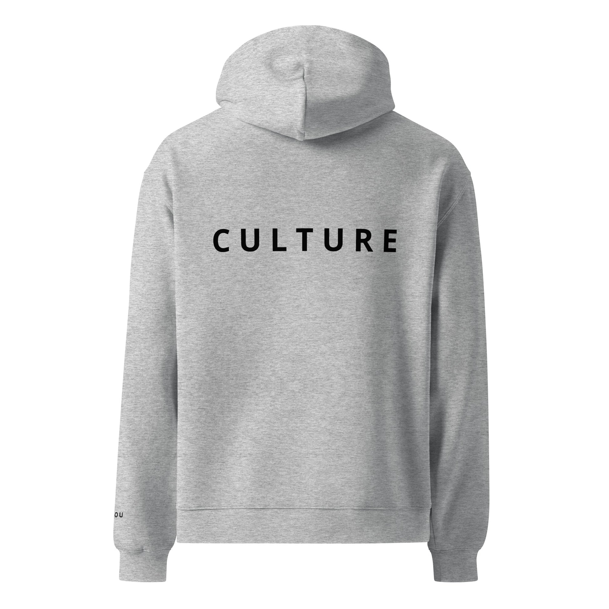 A heather gray hoodie shown from the back, featuring the word 'CULTURE' printed in black capital letters across the upper back.