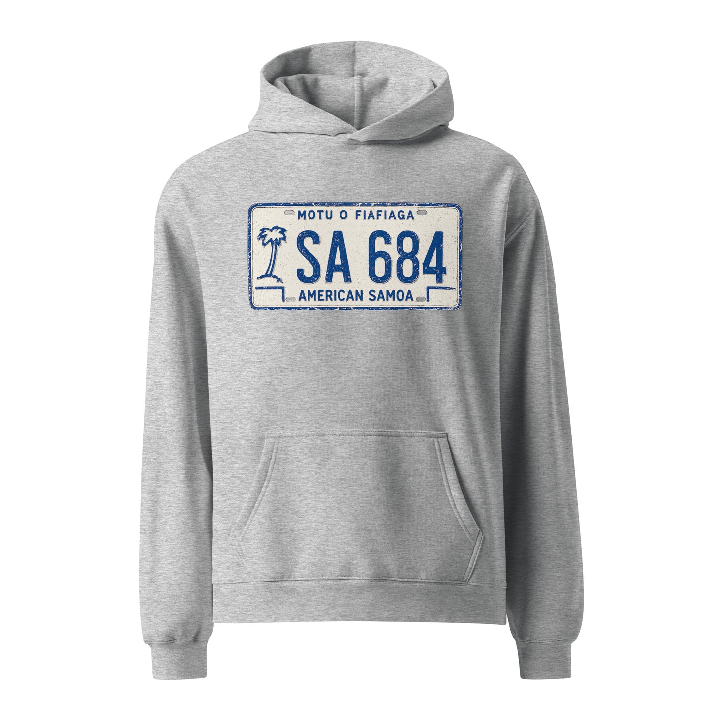 Gray hoodie with American Samoa license plate design on a white background