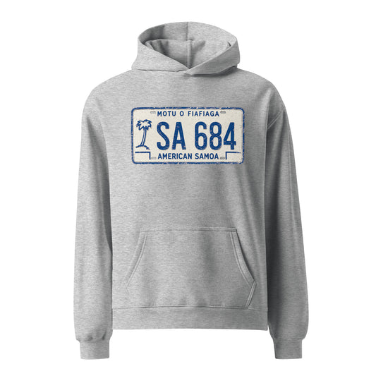 Gray hoodie with American Samoa license plate design on a white background