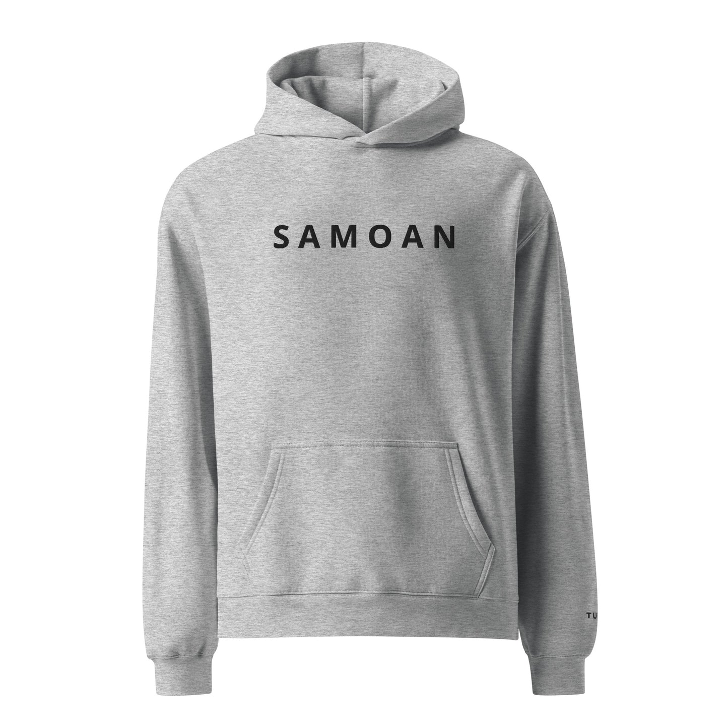 Grey hoodie with 'Samoan' text on a white background