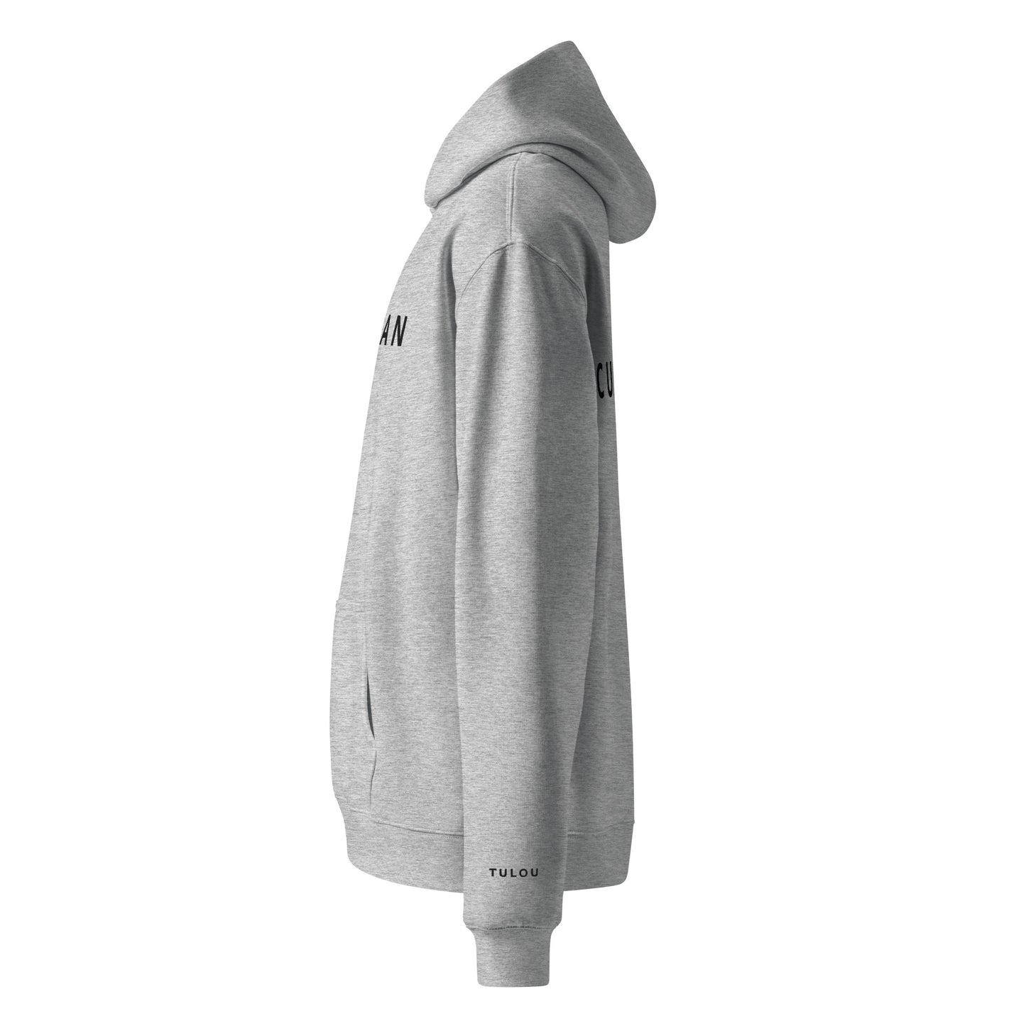 heather grey hoodie with a small logo on the sleeve against a white background