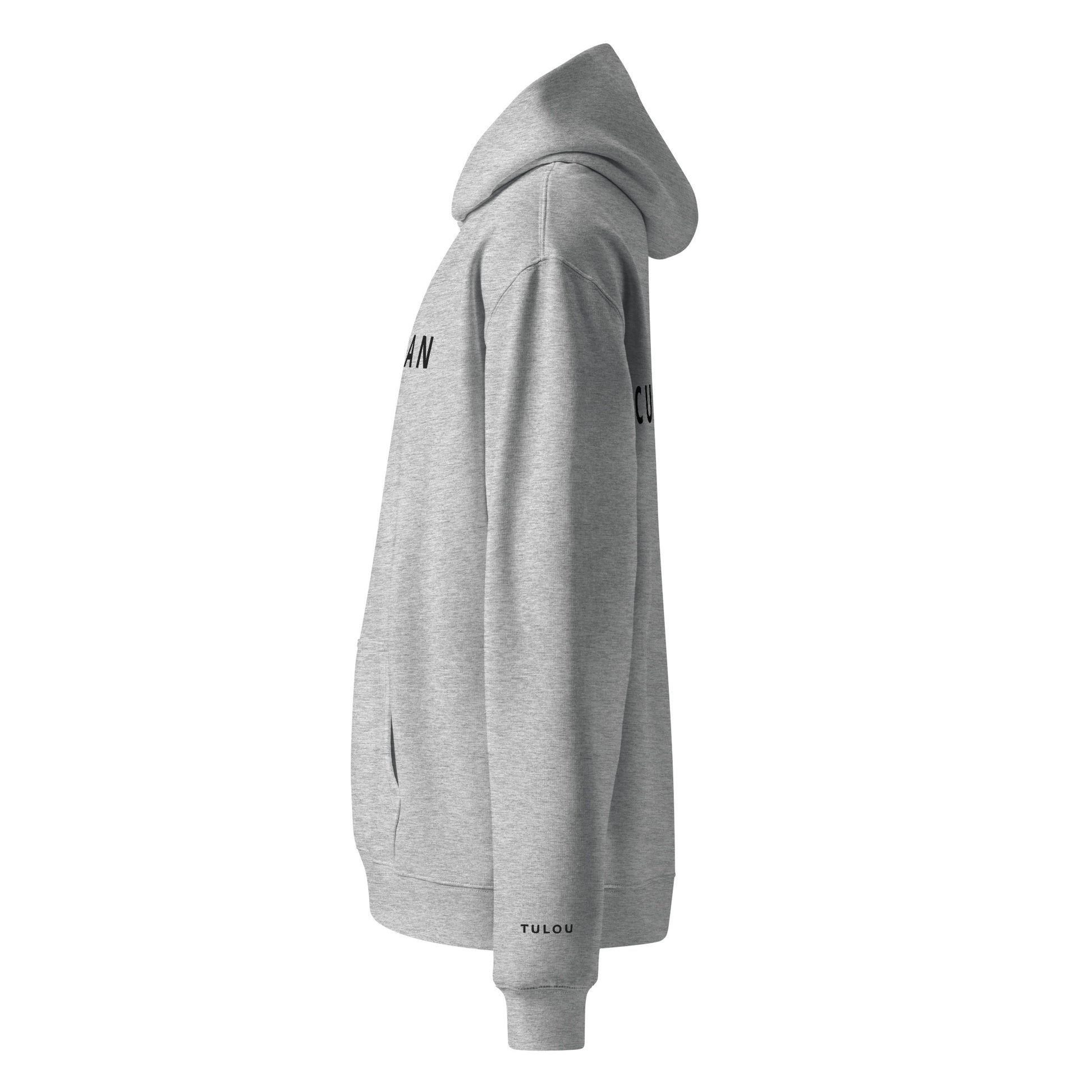heather grey hoodie with a small logo on the sleeve against a white background