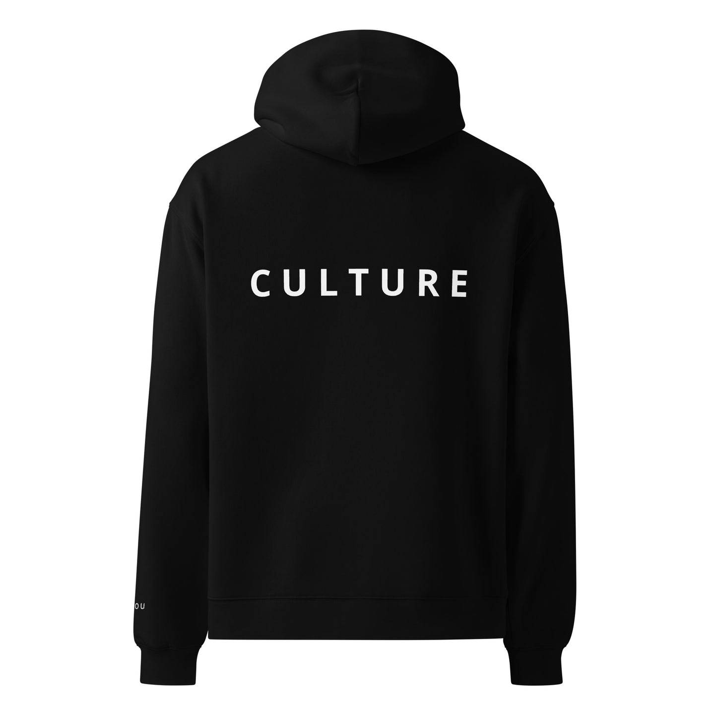A black hoodie shown from the back, featuring the word 'CULTURE' printed in black capital letters across the upper back.