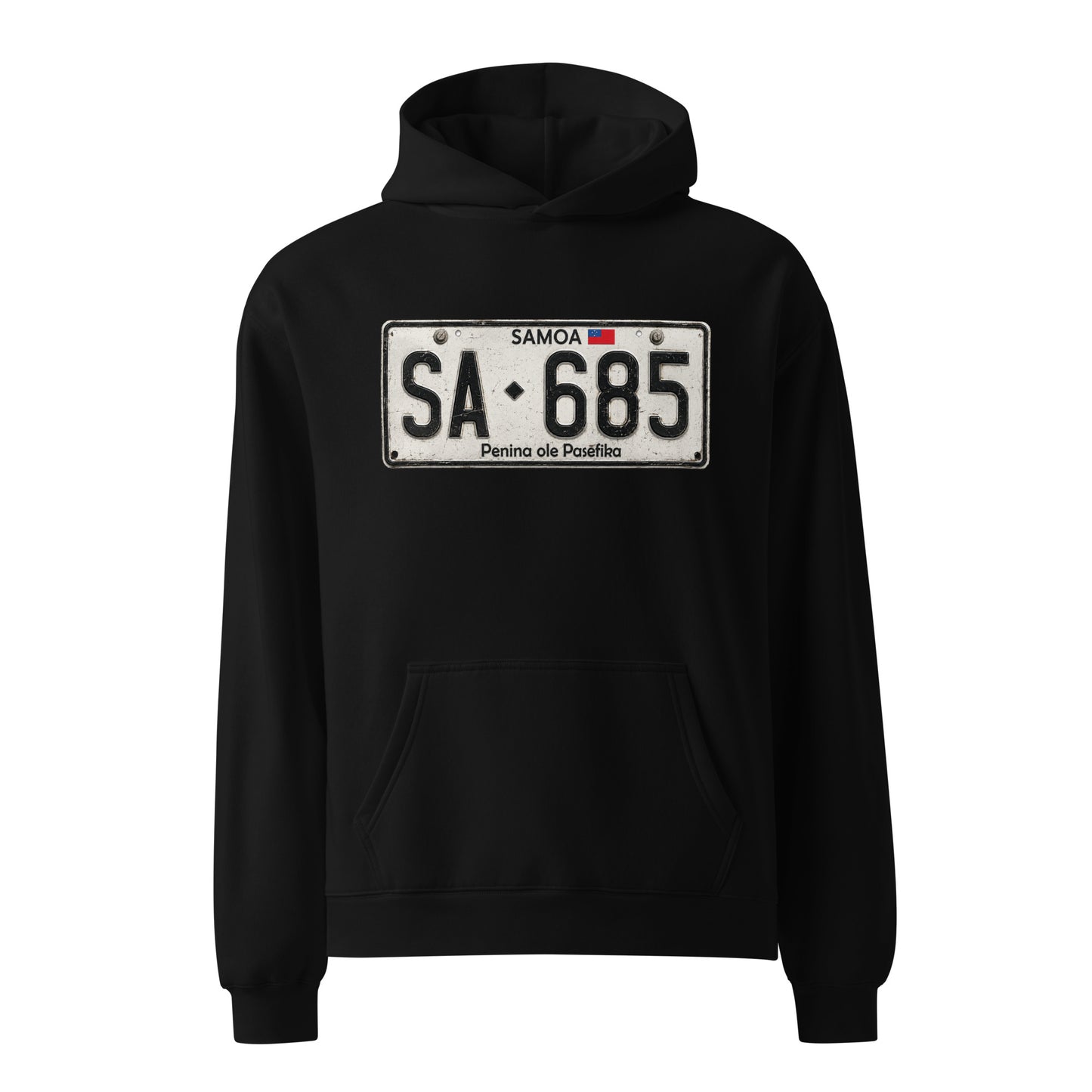 A black pullover hoodie featuring a distressed-style license plate graphic on the chest that reads 'SAMOA SA-685 Penina de Pascualito' with a small flag detail, shown against a plain white background.